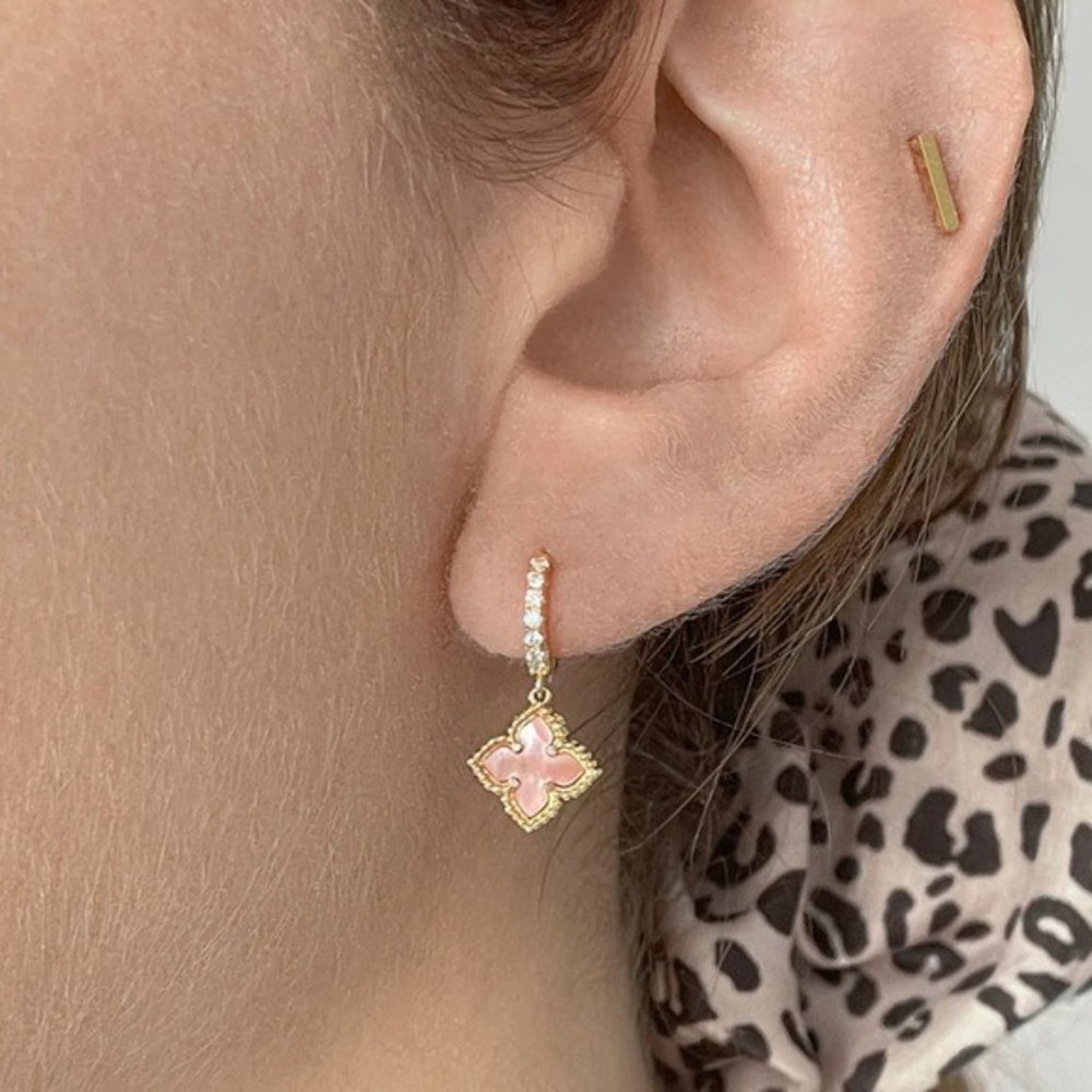 NWT ADORNIA 14K Plated Gold Floral Dangle Hoops Pink Mother of Pearl - Picture 2 of 5